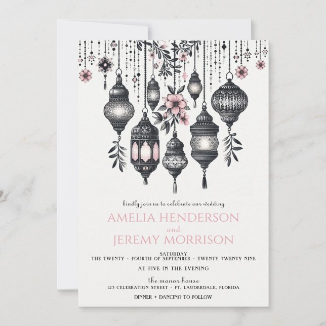 Invitation Mariage de fleurs et lanternes roses (Devant)