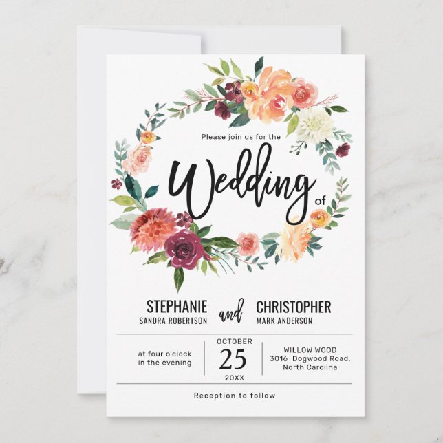 Invitation Mariage de fleurs florales de Bourgogne d'automne (Devant)