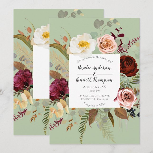 Invitation Mariage de fleurs florales rustique vert (Devant / Derrière)
