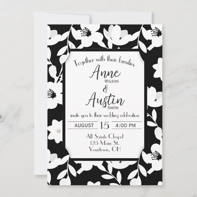 Invitation Mariage de fleurs noir et blanc (Devant)