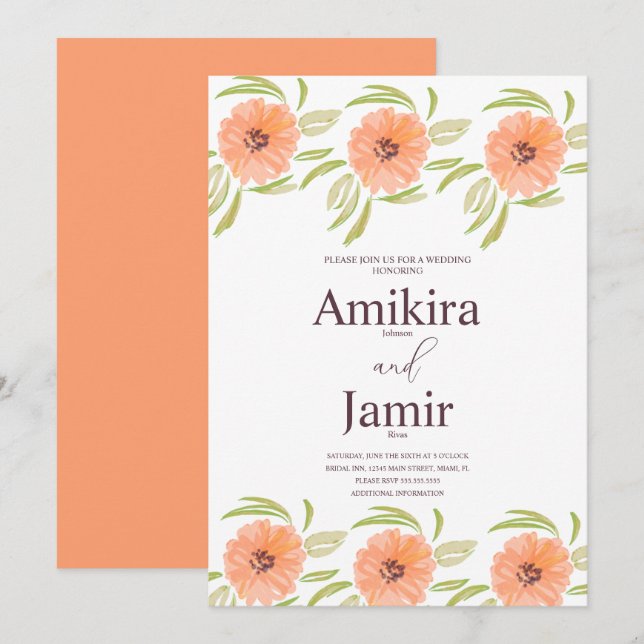 Invitation Mariage de fleurs peintes à la main de l'aquarelle (Devant / Derrière)