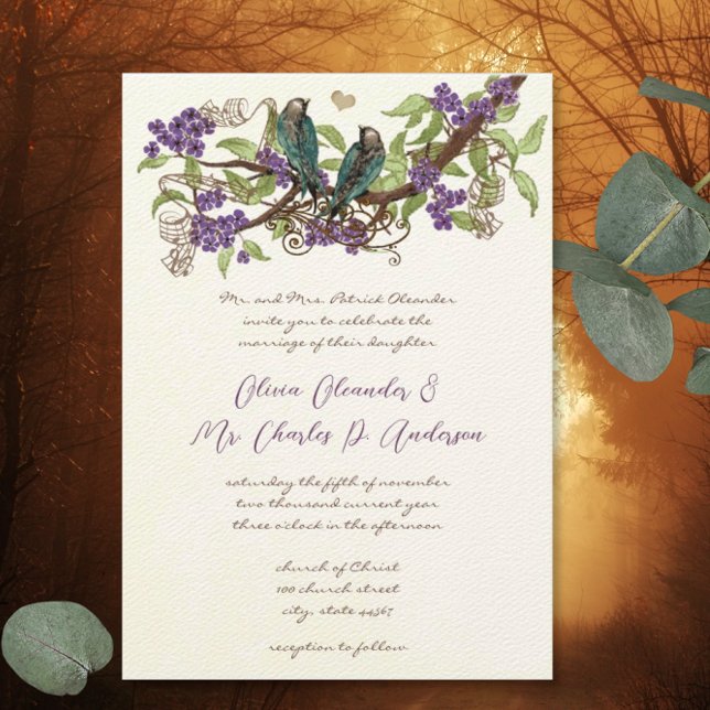 Invitation Mariage de fleurs pourpres Turquoises vintages (Créateur téléchargé)