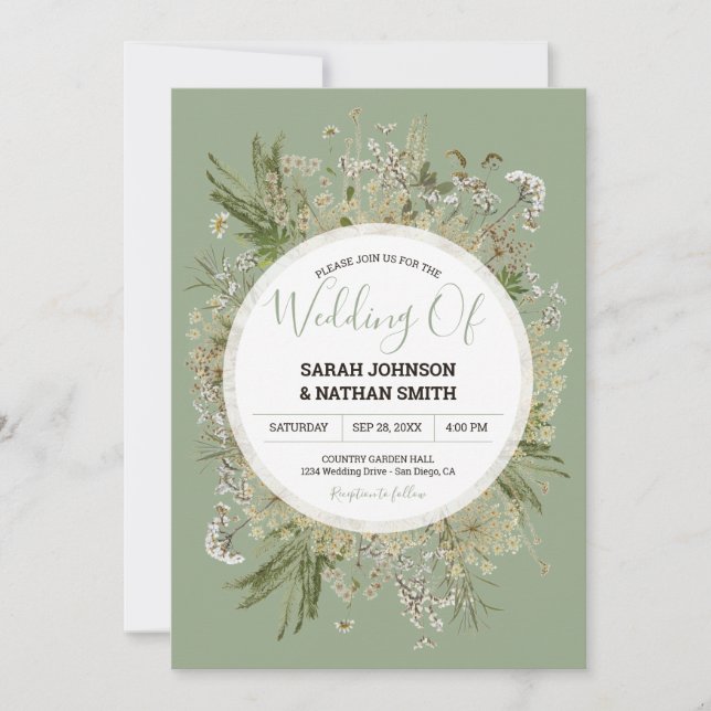 Invitation Mariage de Fleurs Pressées en vert Sage rustique (Devant)
