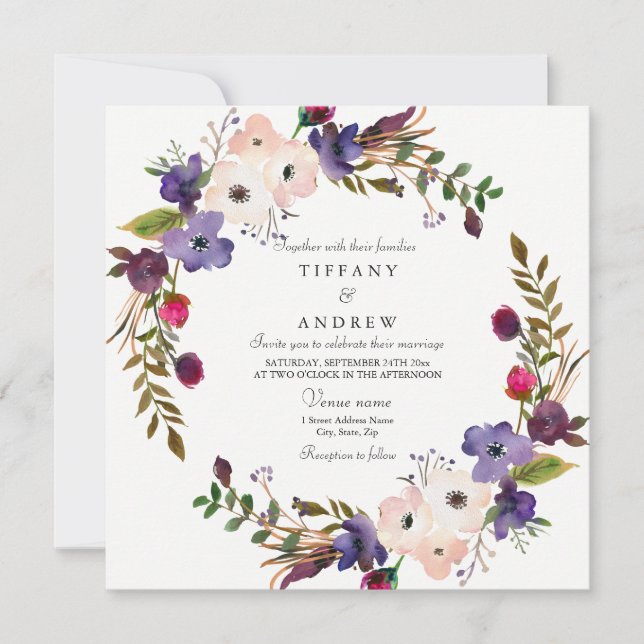 Invitation Mariage de fleurs rose violet botanique (Devant)