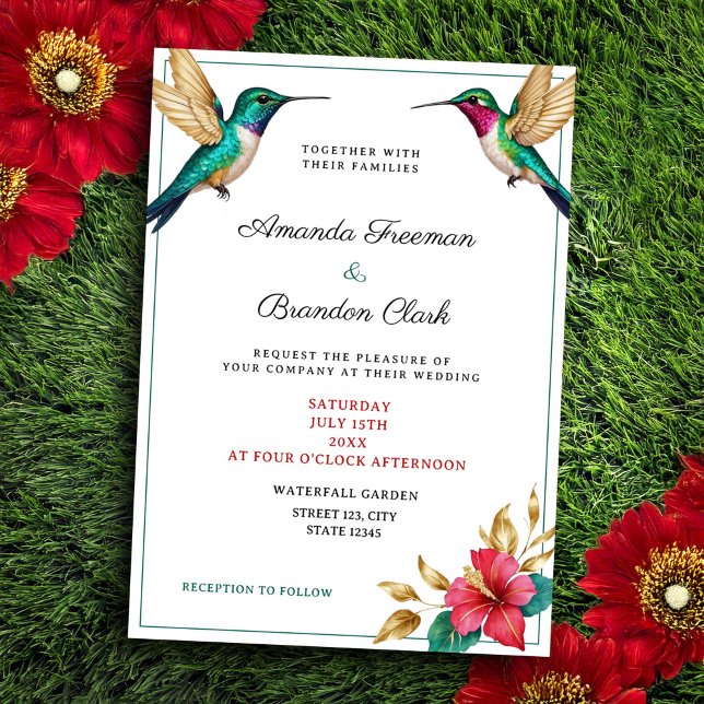 Invitation Mariage de fleurs tropicales rouges des colibris v (Créateur téléchargé)