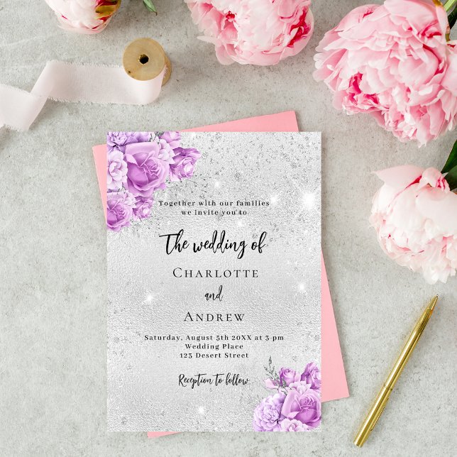 Invitation Mariage de fleurs violet rose argent (Créateur téléchargé)