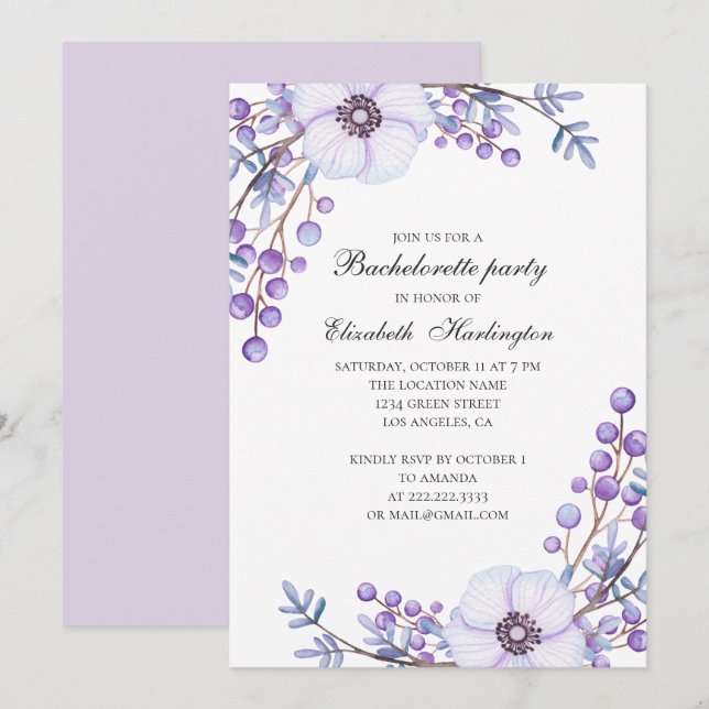 Invitation Mariage de fleurs violettes. Fête de bachelorette  (Devant / Derrière)