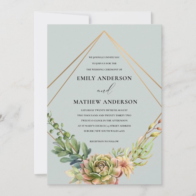 INVITATION MARIAGE DE FOLIAGE CACTI SUCCULENT GREY GOLD DESER (Devant)