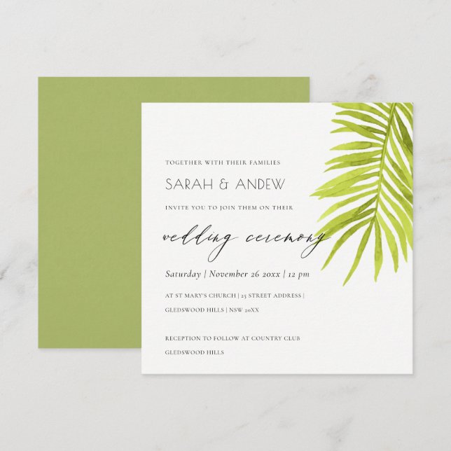 INVITATION MARIAGE DE FOLIER EN FEUILLE DE PALMIER VERT (Devant / Derrière)