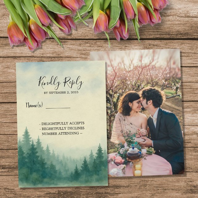 Invitation Mariage de forêt de pin d'eau (Watercolor pine tree forest wedding photo RSVP Invitation.)