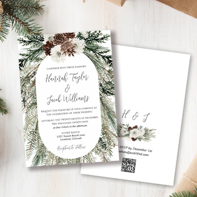 Invitation Mariage de forêt de pins d'hiver avec code QR RSVP (winter pine forest wedding qr code invitation)