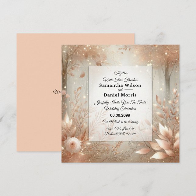 Invitation Mariage de forêt enchantée en bois de rose doré (Devant / Derrière)