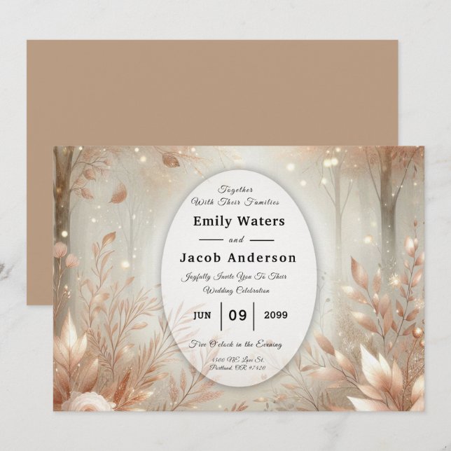 Invitation Mariage de forêt enchantée en bois de rose doré (Devant / Derrière)