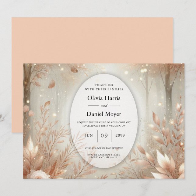 Invitation Mariage de forêt enchantée en bois de rose doré (Devant / Derrière)