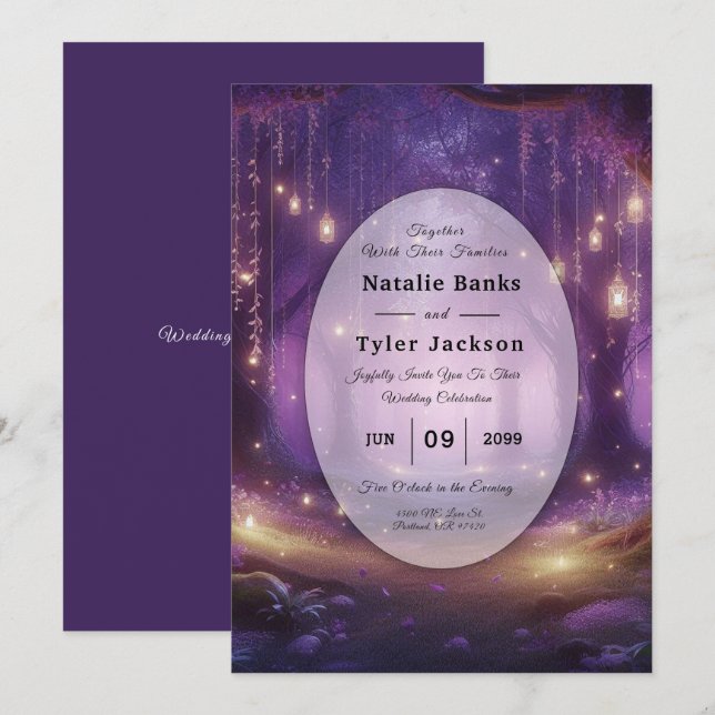 Invitation Mariage de forêt enchantée violet de minuit (Devant / Derrière)