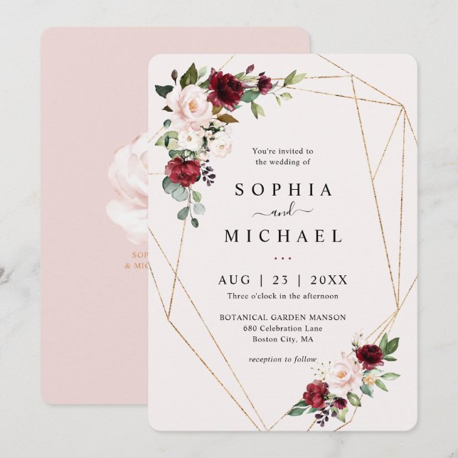 Invitation Mariage de forme géométrique flush et vin Floral o (Devant / Derrière)
