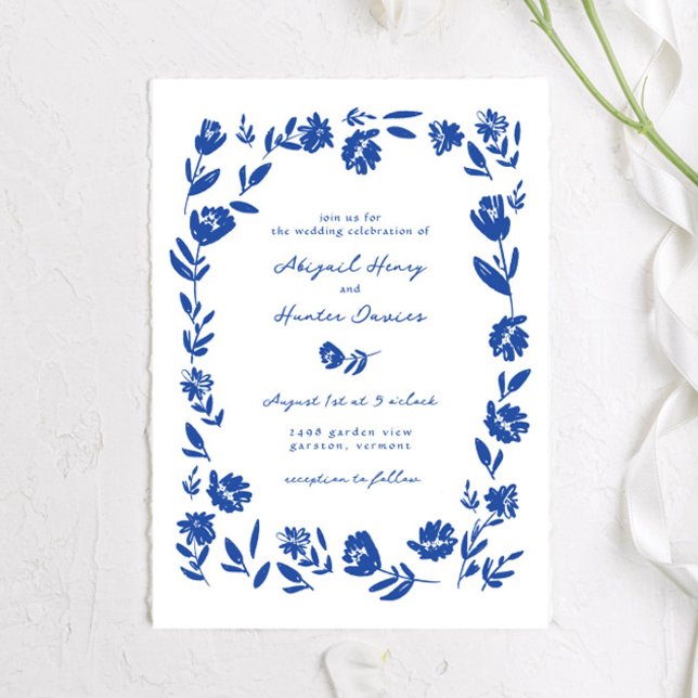 Invitation Mariage de frontière de la main bleue dessinée Whi (Créateur téléchargé)