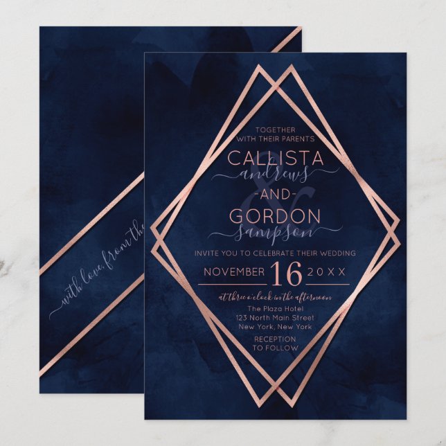 Invitation Mariage de frontière géométrique Rose de la Marine (Devant / Derrière)