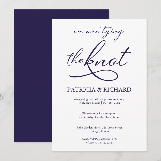 Invitation Mariage de Fugue à l'encre Bleu Marine et Blanc (Devant / Derrière)