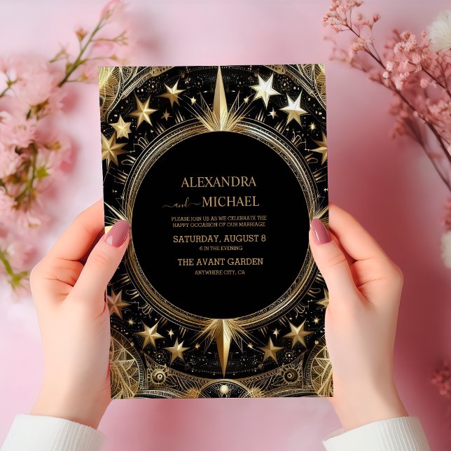 Invitation Mariage de galaxie céleste d'or noir mystique (Créateur téléchargé)