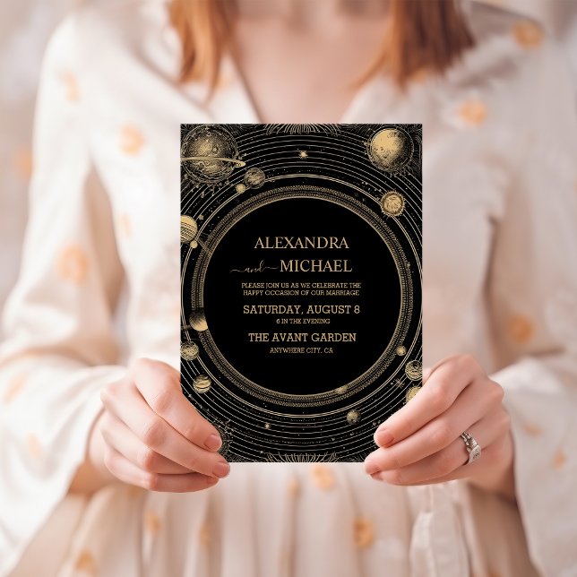 Invitation Mariage de galaxie céleste d'or noir mystique (Créateur téléchargé)