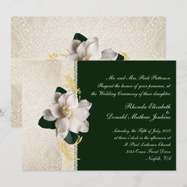 Invitation Mariage de Gardenia vert foncé et ivoire (Devant / Derrière)