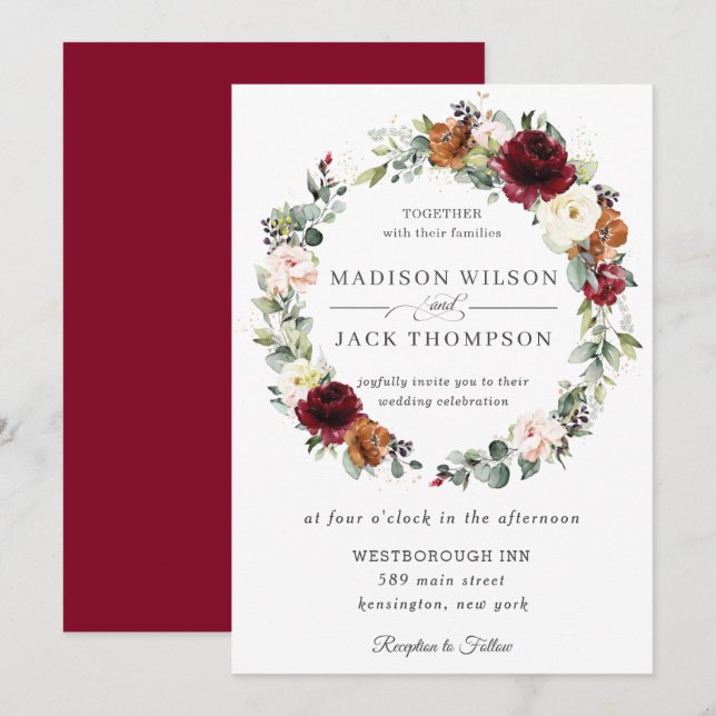 Invitation Mariage de germe floral d'ivoire de Bourgogne rust (Devant / Derrière)