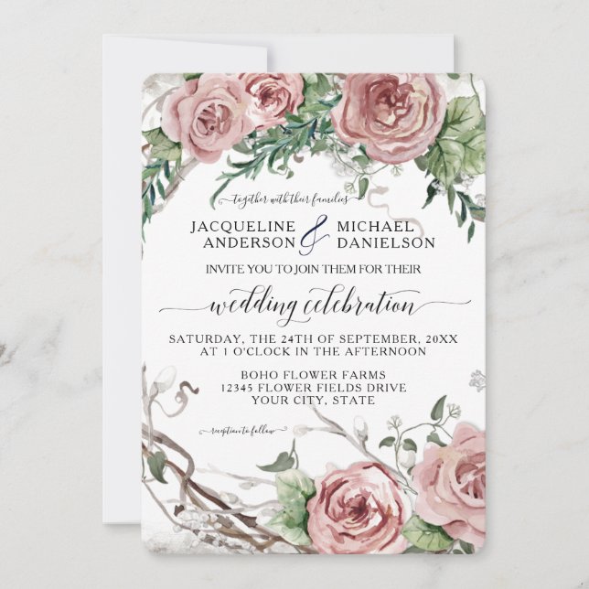 Invitation Mariage de germe rustique rose rose rose de BOHO (Devant)