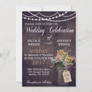 Invitation Mariage de grange rustique lumières Mason Jar