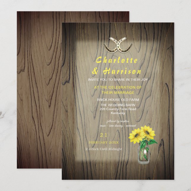 Invitation Mariage de grange tournesolPays rustique (Devant / Derrière)