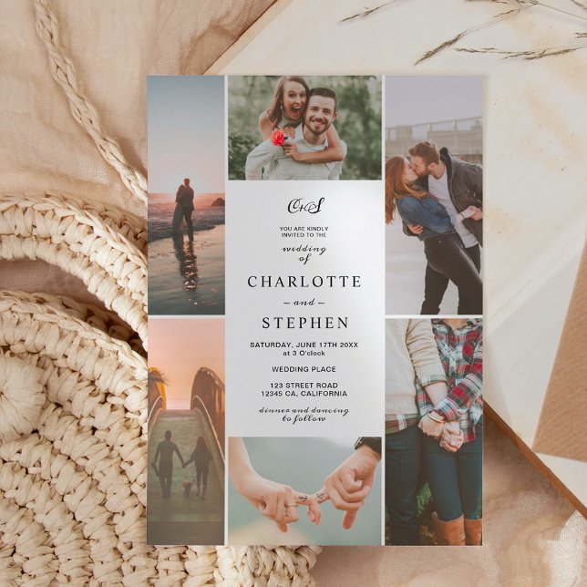 Invitation Mariage de grille photo moderne noir blanc initial (Créateur téléchargé)