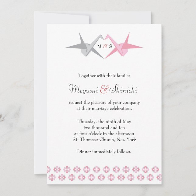 Invitation Mariage de grues Origami (rose et argent) (Devant)