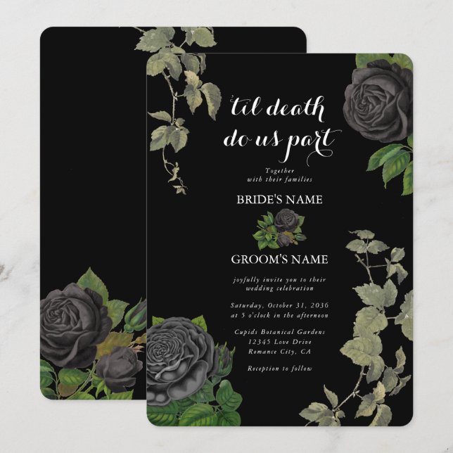 Invitation Mariage de Halloween gothique Roses noires (Devant / Derrière)