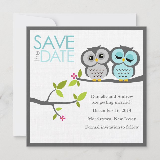 Invitation Mariage de hiboux gris et aqua Enregistrer la date (Devant)