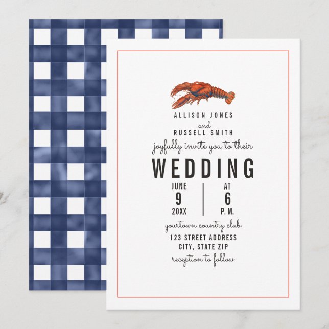 Invitation Mariage de homard En vichy bleu patiné (Devant / Derrière)