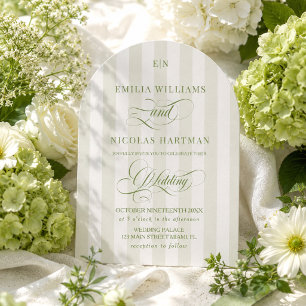 Invitation Mariage de jardin à monogramme rayé vert