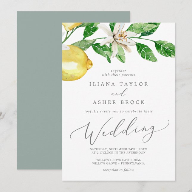 Invitation Mariage de jardin de citron moderne (Devant / Derrière)