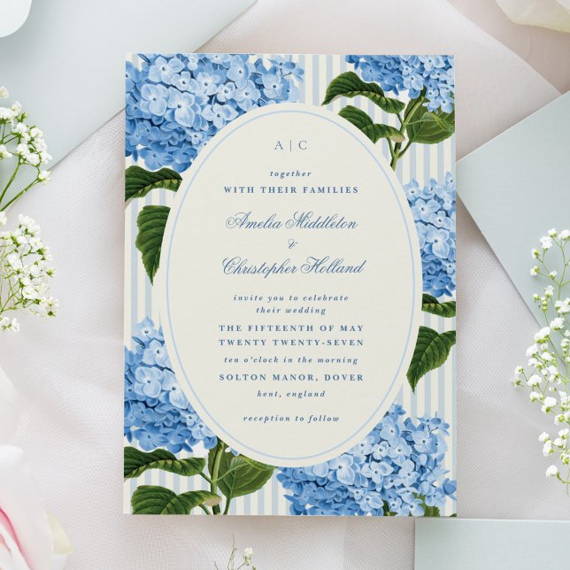 Invitation Mariage de Jardin de Hortensias Bleus sur la Côte  (preppy watercolour hydrangea flowers wedding invitation in blue and off-white.)