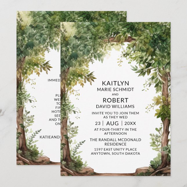 Invitation Mariage de Jardin de jardin d'aquarelle Woodland (Devant / Derrière)