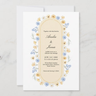 Invitation Mariage de jardin fleuri bleu poussiéreux et jaune