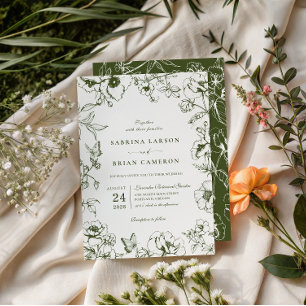 Invitation Mariage de jardin floral vert olive élégant