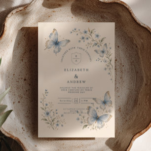 Invitation Mariage de jardin papillon bleu poussiéreux