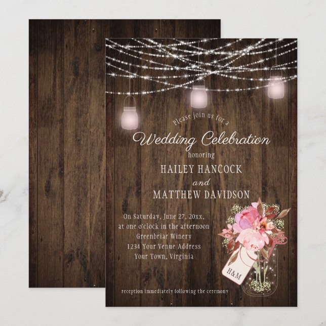 Invitation Mariage de jarres de mason rose Russe (Devant / Derrière)