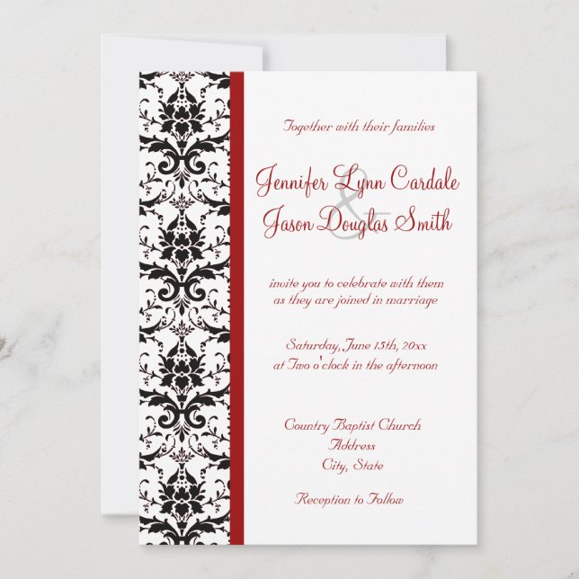 Invitation Mariage de l' de la Bande rouge noire de Damask (Devant)