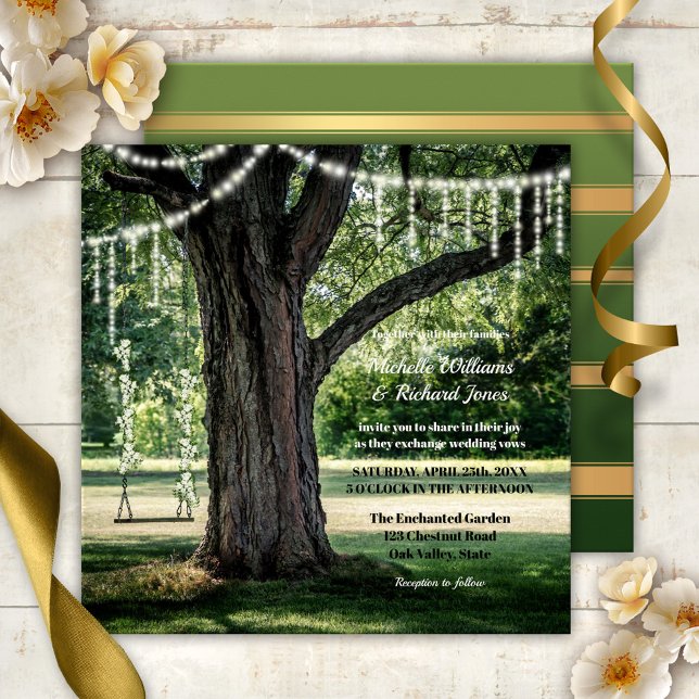 Invitation Mariage de la chaîne de l'arbre de scie du jardin  (Magical wedding invitation with an enchanted garden or park theme with a swing with flowers)