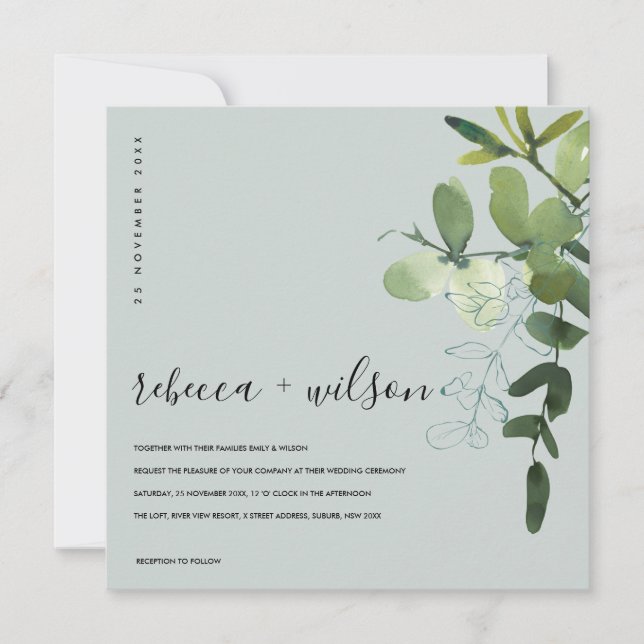 INVITATION MARIAGE DE LA COULEUR D'EAU DE L'EUCALYPTUS VERT G (Devant)