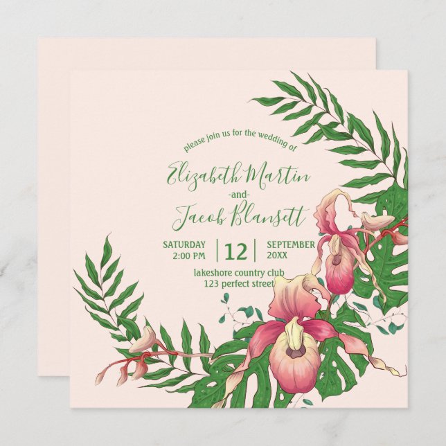 Invitation Mariage de la couronne de fleurs de l'orchidée ros (Devant / Derrière)