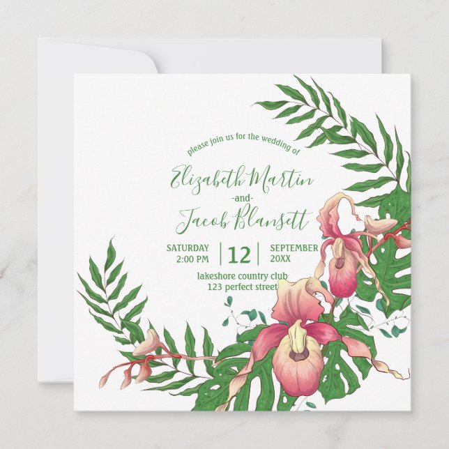 Invitation Mariage de la couronne d'orchidée rose et jaune (Devant)