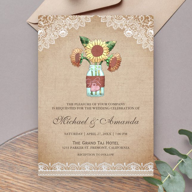 Invitation Mariage de la dentelle de tournesol de Burlap (Créateur téléchargé)
