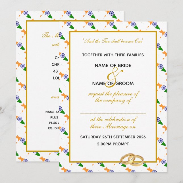 Invitation MARIAGE de la fête de l'or chrétien de l'INDE (Devant / Derrière)